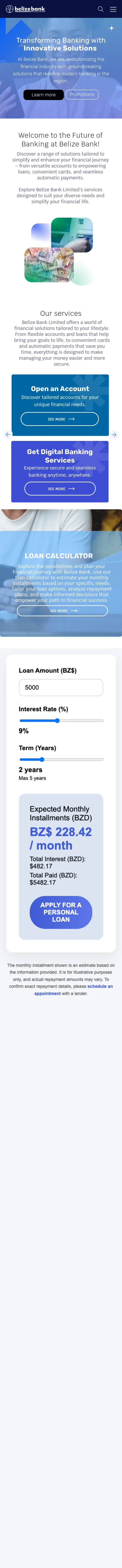 Belize Bank website on a phone