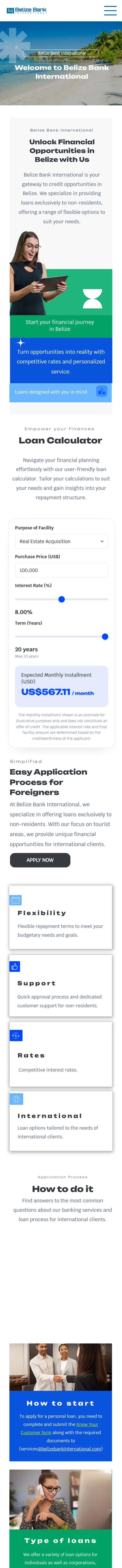 Belize Bank International website on a phone