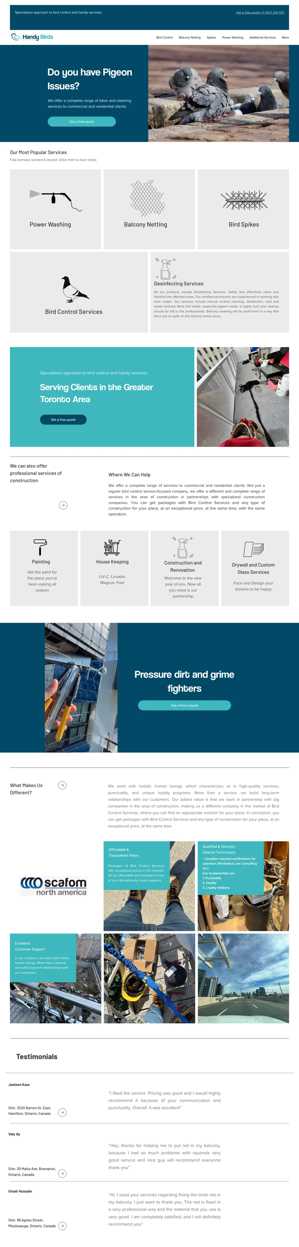 Handy Bird Services website on a laptop