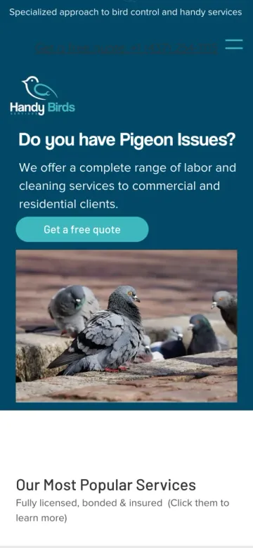 Handy Bird Services website on a phone