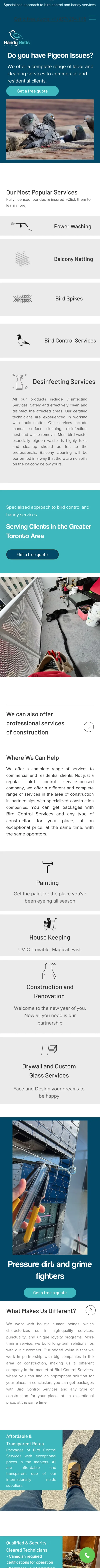 Handy Bird Services website on a phone