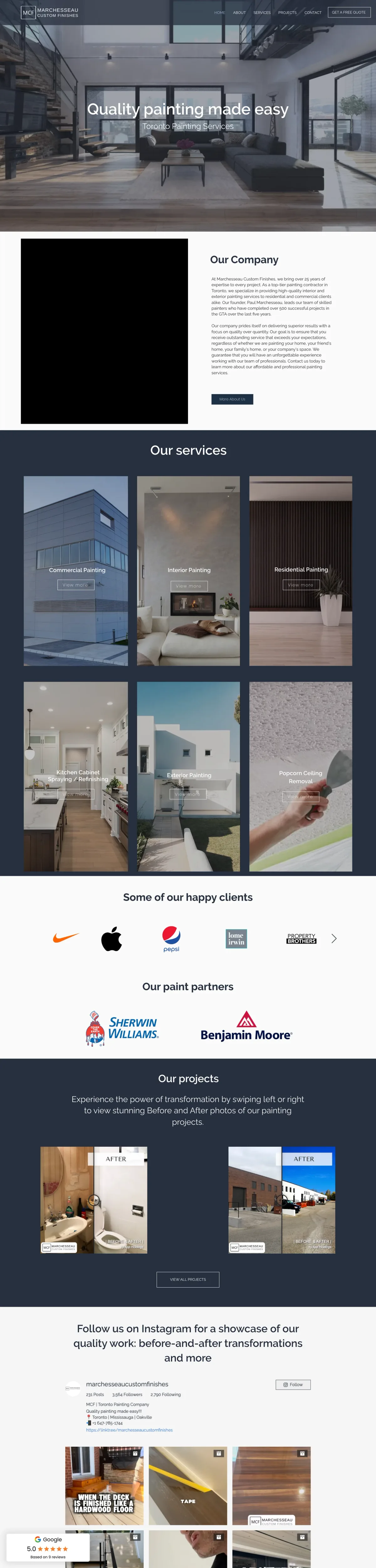 Marchesseau Custom Finishes website on a laptop