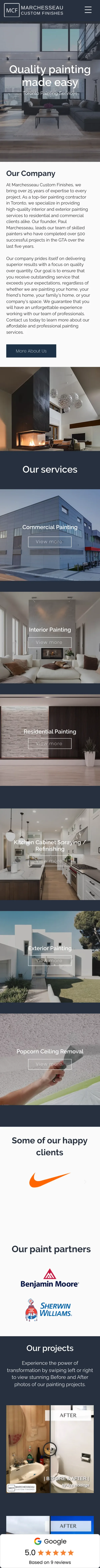 Marchesseau Custom Finishes website on a phone